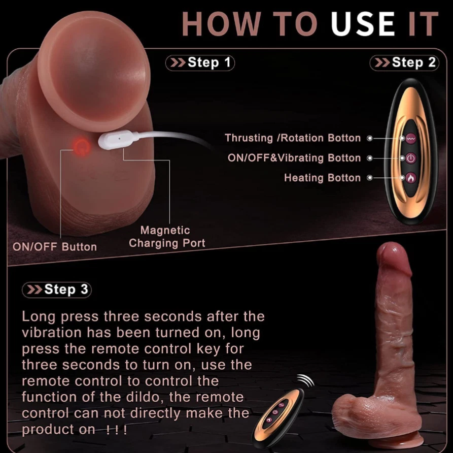 Instructions on how to use a remote-controlled dildo with labeled parts and steps.