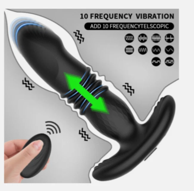 Black and gray device with 10 frequency vibration feature on a white background