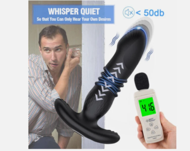 Product advertisement showing a black device with a microphone and a person using a sound level meter.