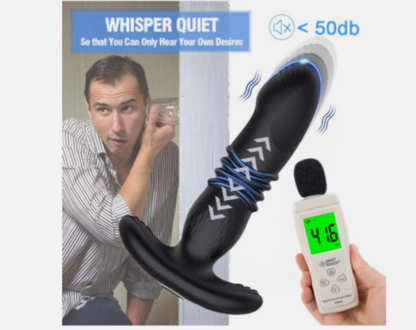 Product advertisement showing a black device with a microphone and a person using a sound level meter.