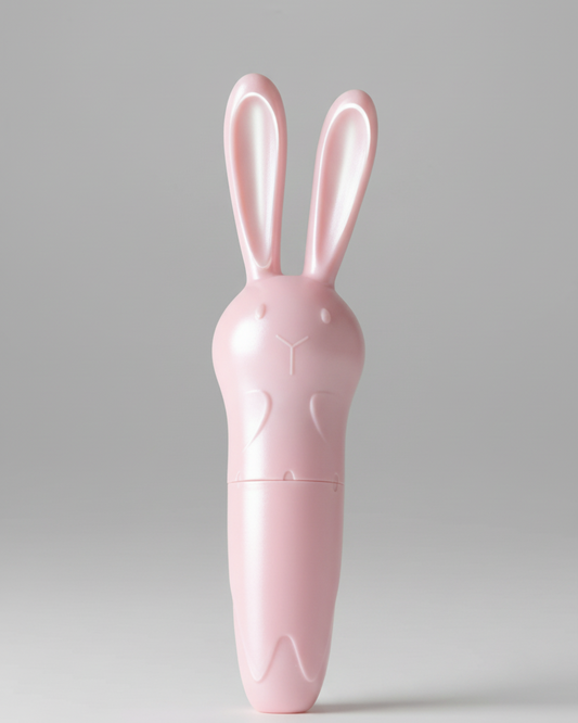 Pink cylindrical product with bunny ears on a gray background