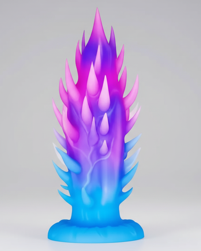 Colorful flame-shaped object on a gray background