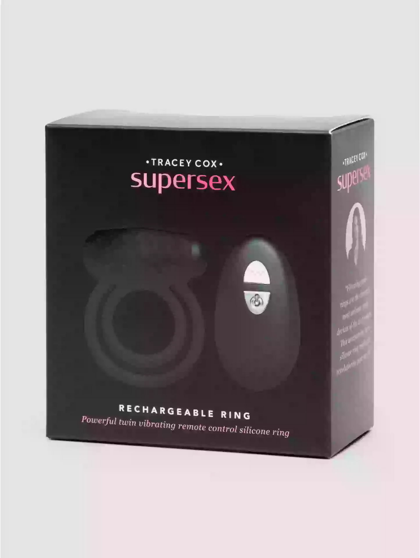 Box of Tracey Cox Supersex rechargeable ring on a light gray background