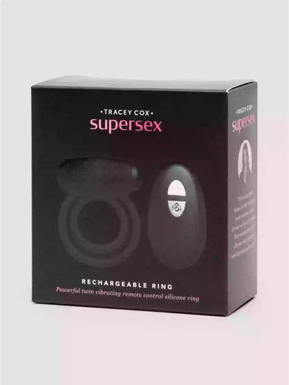 Box of Tracey Cox Supersex rechargeable ring on a light gray background