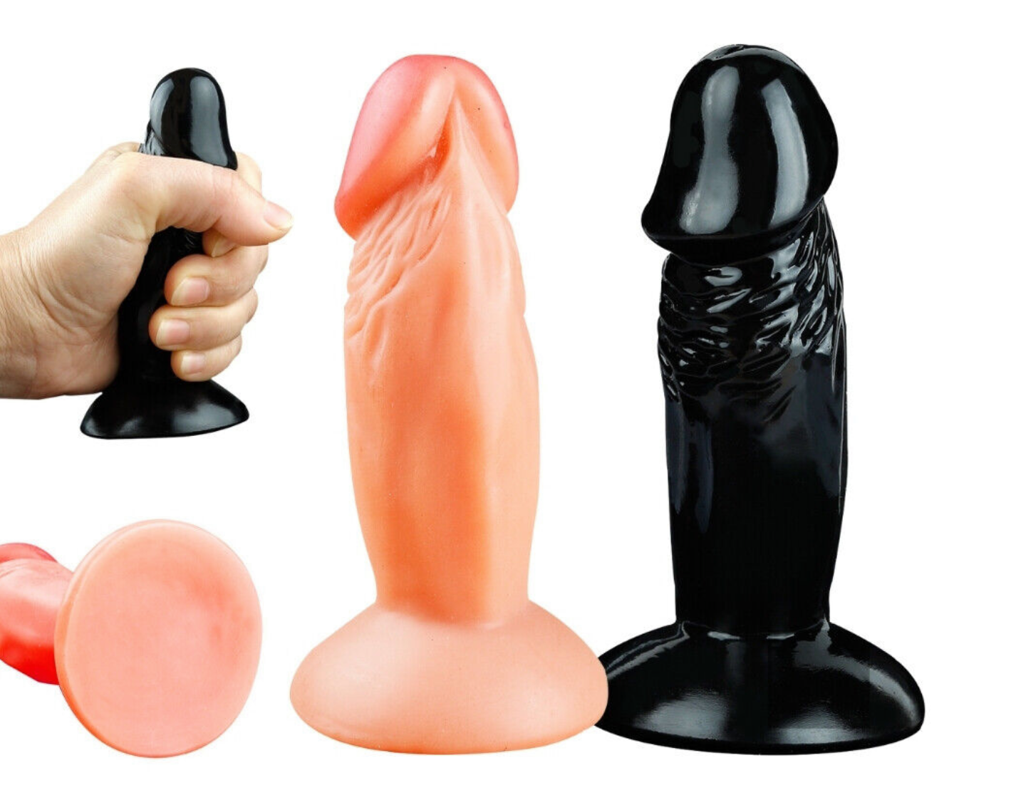 Three silicone butt plugs in black, pink, and red on a white background.