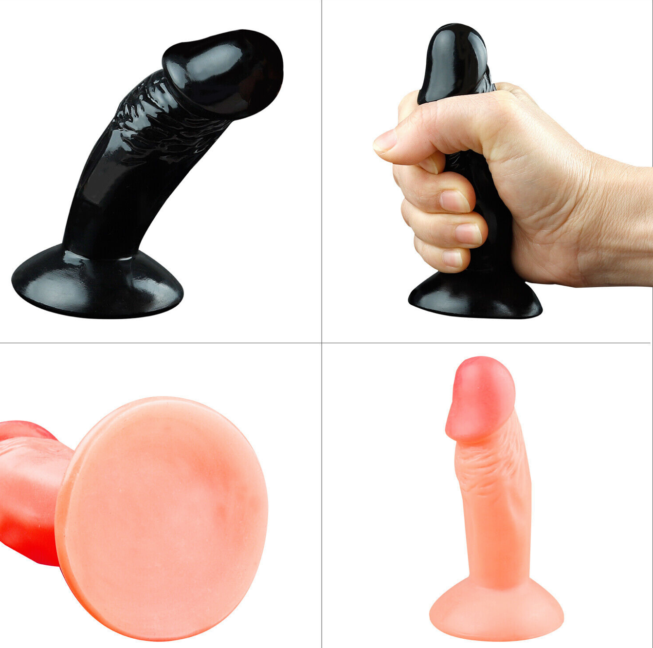 Black and pink silicone butt plugs with a hand holding one black plug.
