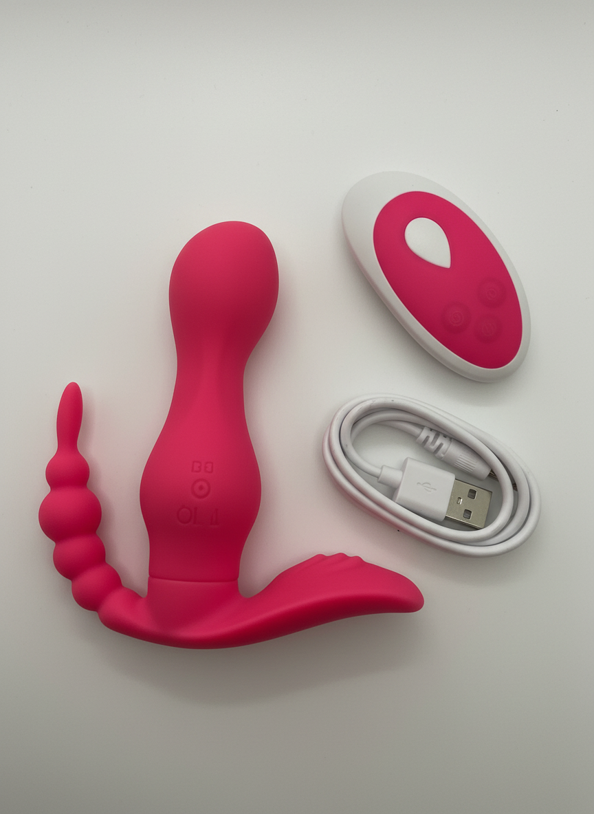 Red electronic device with remote control and charging cable on a white background