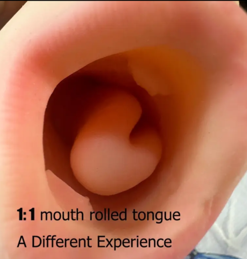 Close-up of a mouth with a rolled tongue, text overlay '1:1 mouth rolled tongue A Different Experience'.