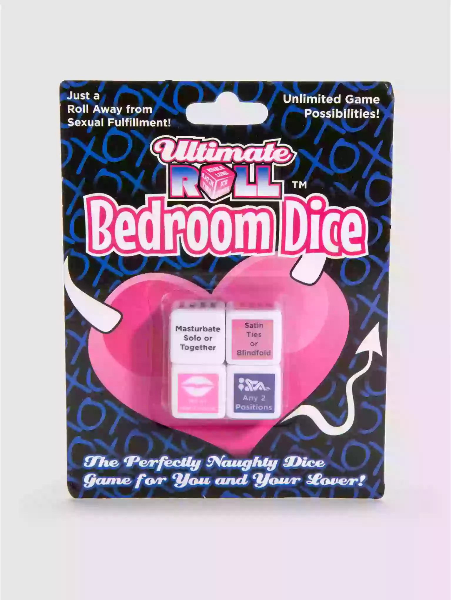 Packaged dice set with pink heart design and text on a white background
