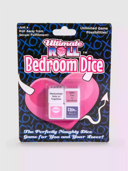 Packaged dice set with pink heart design and text on a white background
