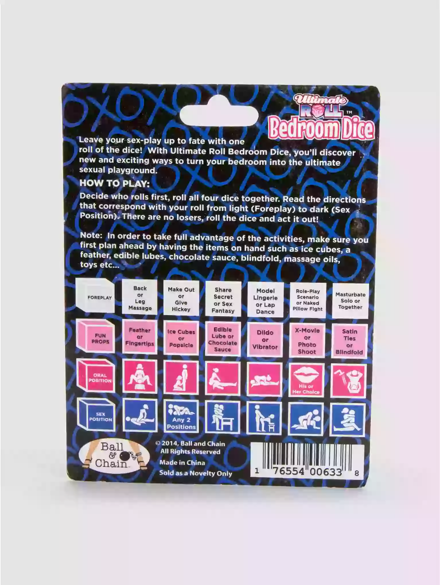Packaging of Bedroom Dice with colorful icons and text on a white background