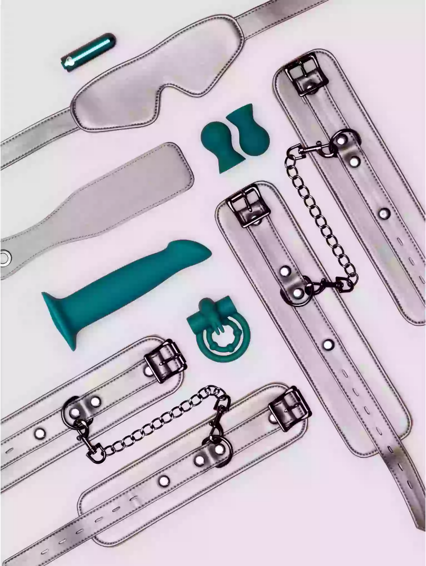 Collection of leather-bound books with metallic clasps and a green object on a light pink background