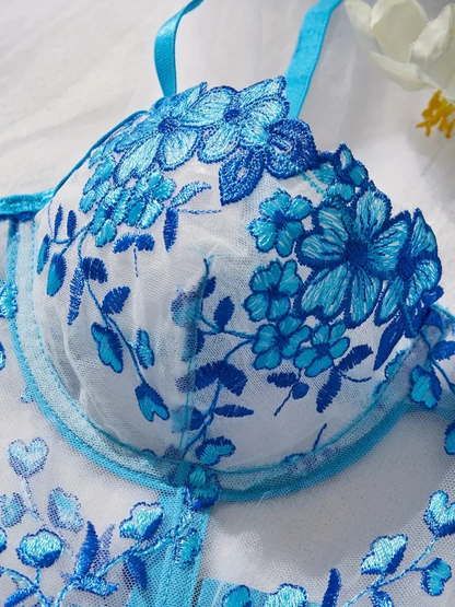 Ultra-Feminine Hollow-Out Lace & Flower Embroidery Lingerie Set UK