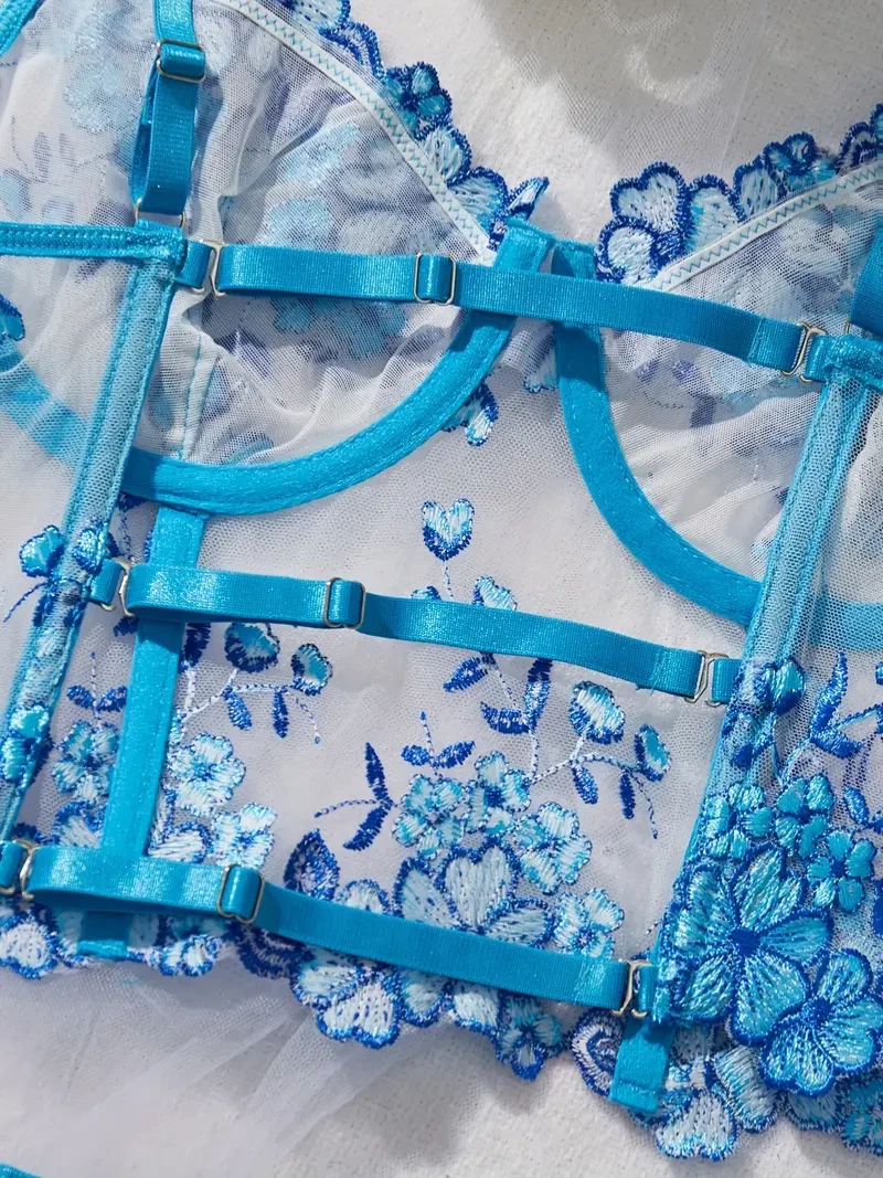 Ultra-Feminine Hollow-Out Lace & Flower Embroidery Lingerie Set UK