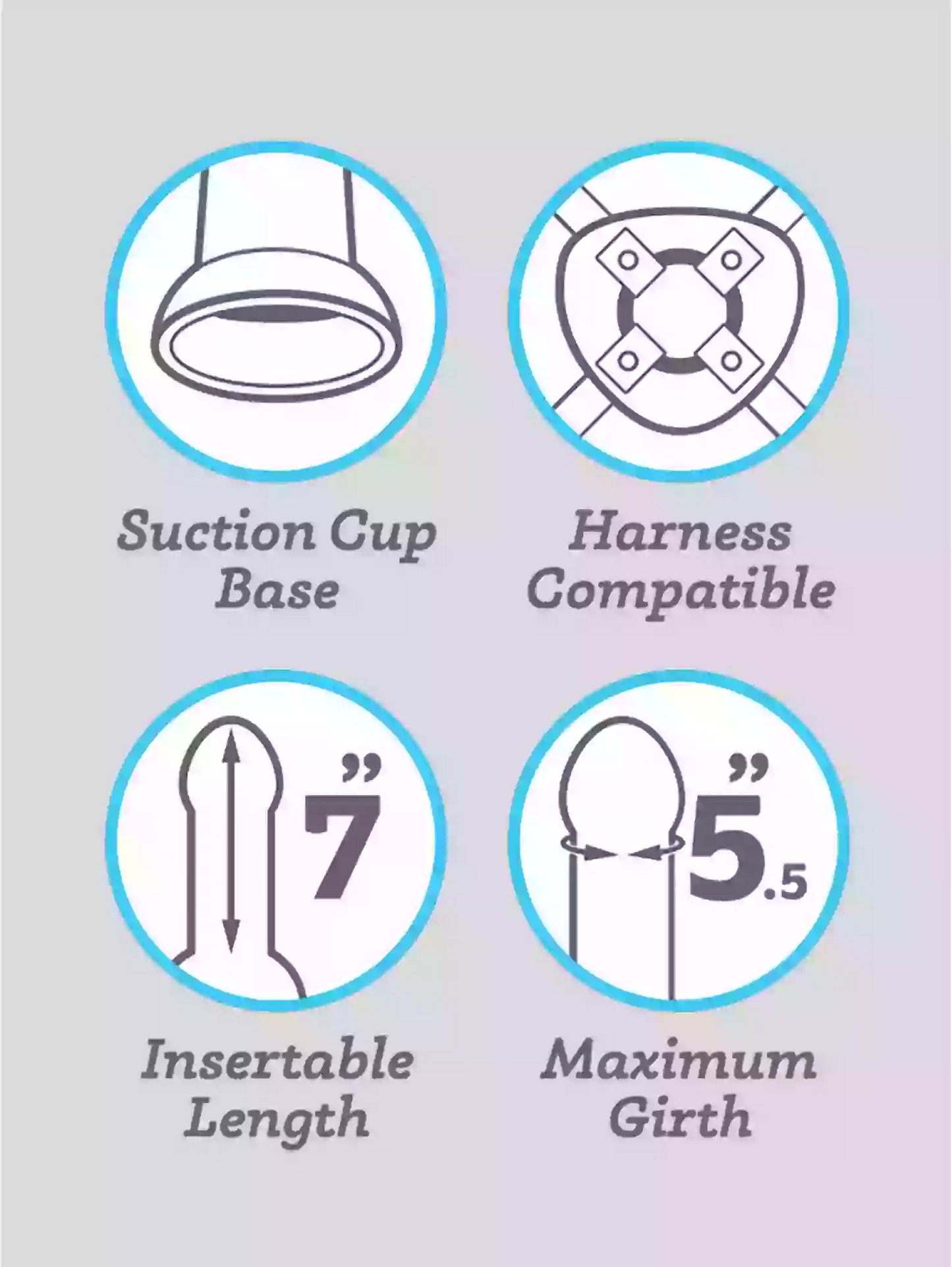 Product features including suction cup base, harness compatibility, insertable length, and maximum girth on a gradient background.