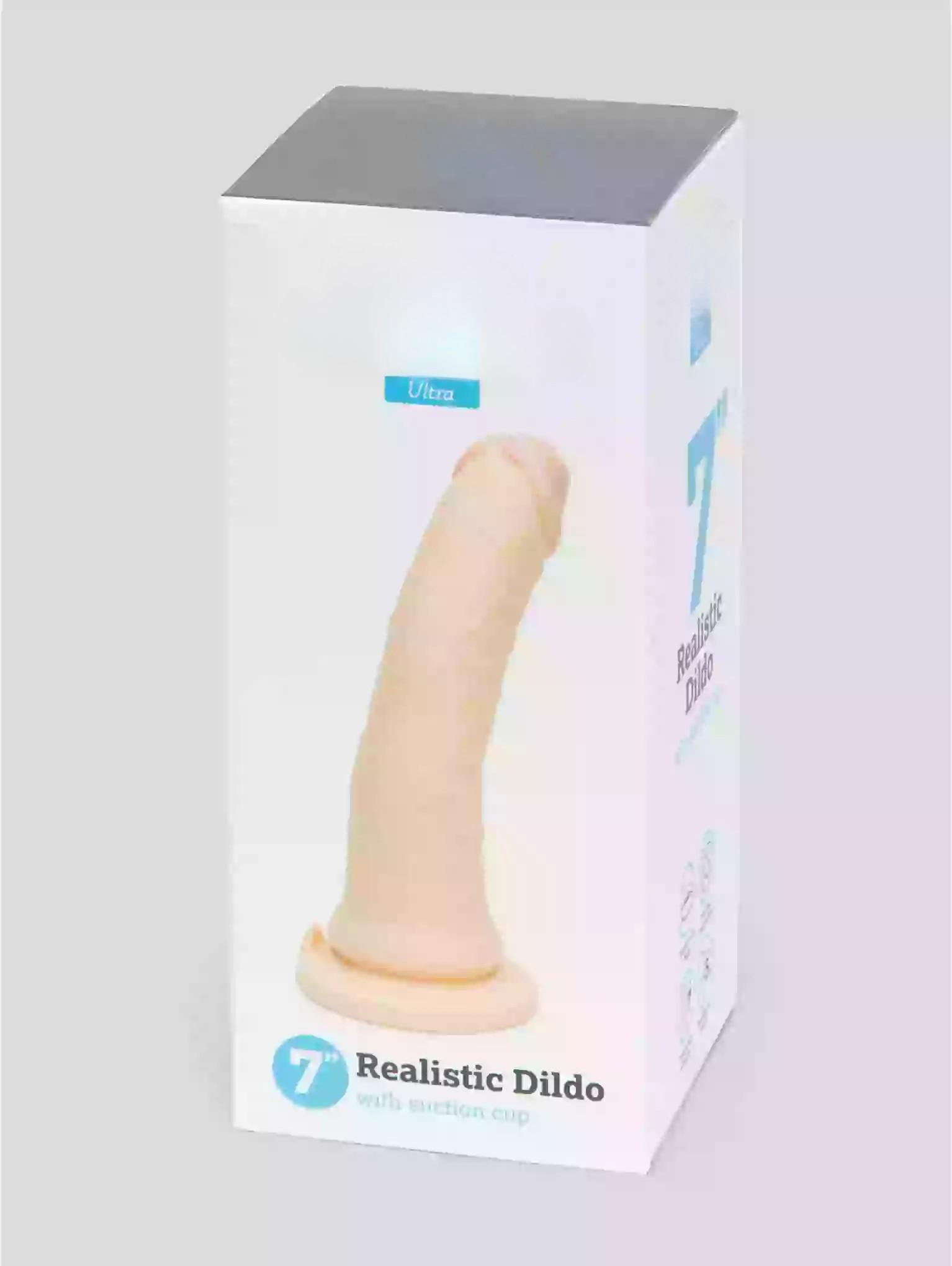 Realistic dildo packaging on a white background