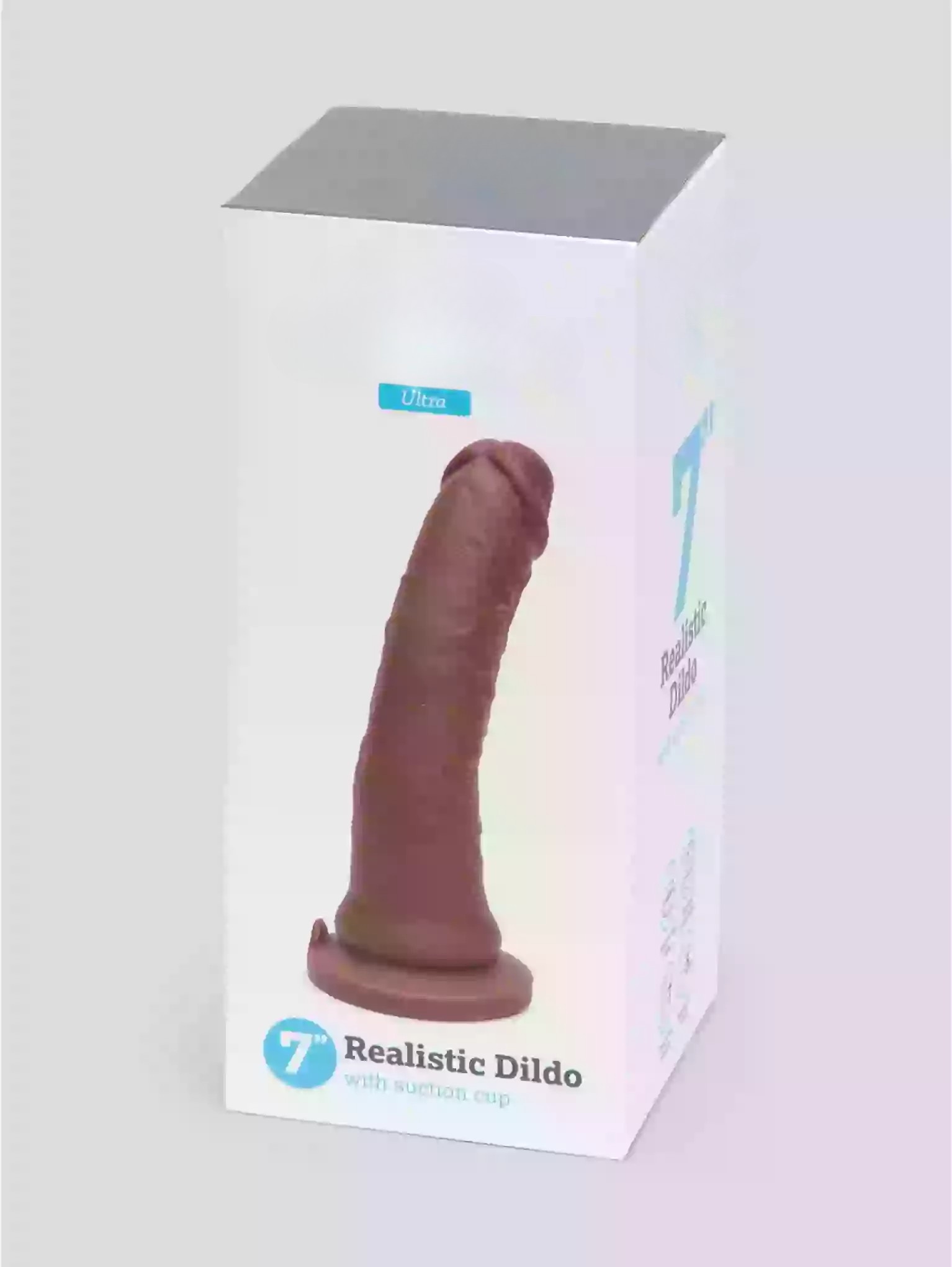 Realistic dildo packaging on a white background