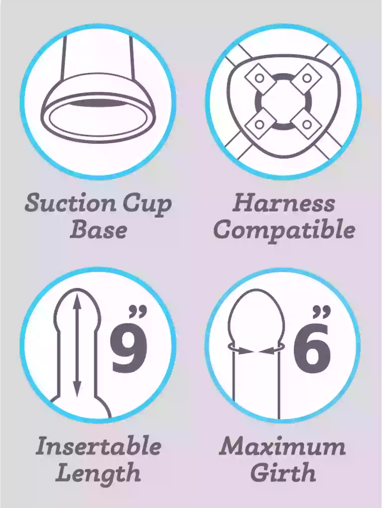 Diagram showing features of a product with suction cup base, harness compatibility, insertable length, and maximum girth.