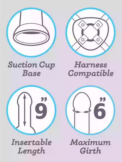 Diagram showing features of a product with suction cup base, harness compatibility, insertable length, and maximum girth.