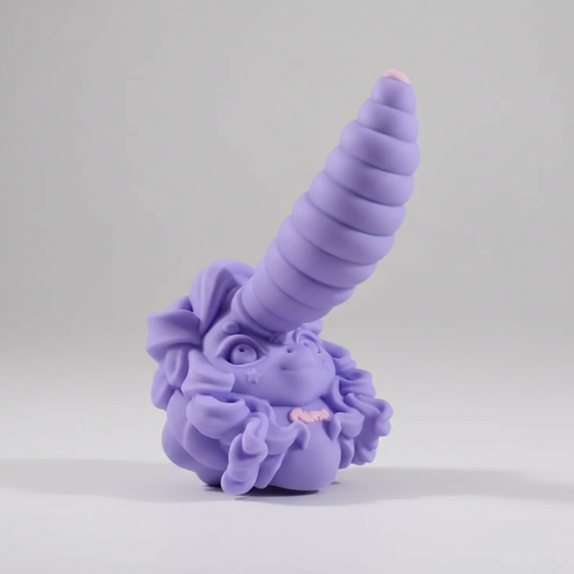 Purple unicorn figurine with a textured body on a gray background