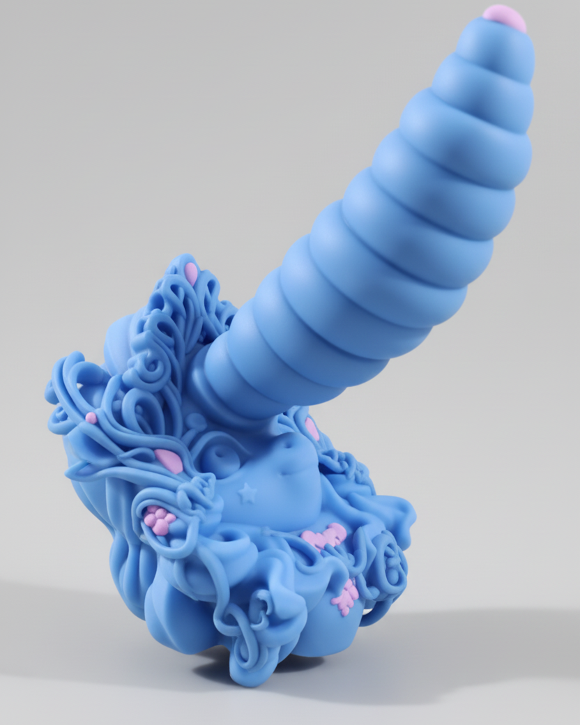 Blue silicone toy with intricate design on a gray background
