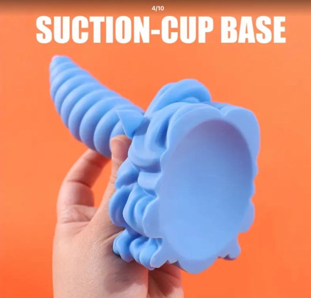 Blue suction-cup base held by a hand against an orange background with text 'SUCTION-CUP BASE'.