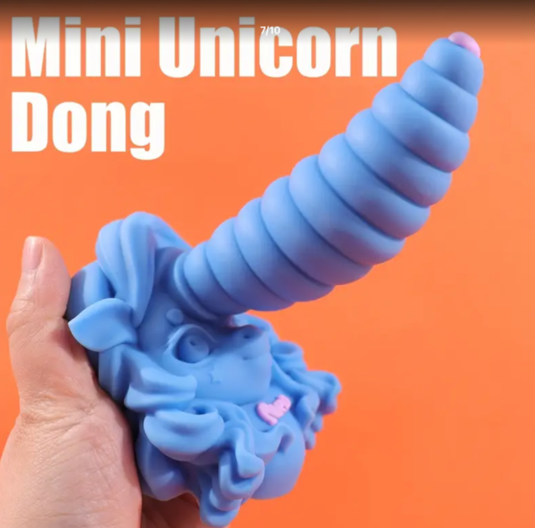 Blue unicorn-shaped toy held by a hand against an orange background with 'Mini Unicorn Dong' text.