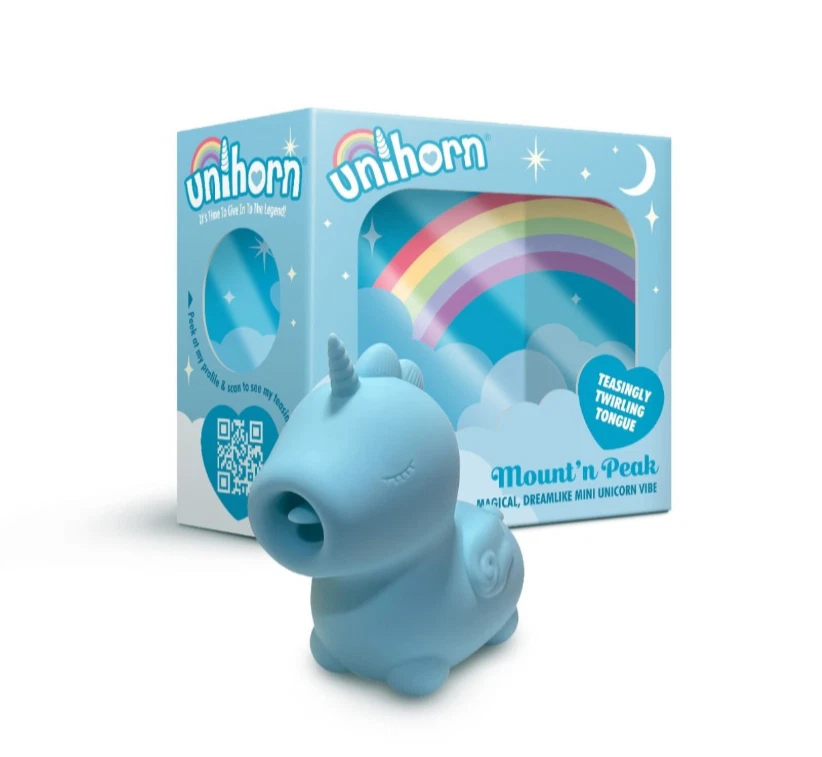 Blue unicorn-shaped toy with packaging featuring the brand 'unihorn' on a white background.