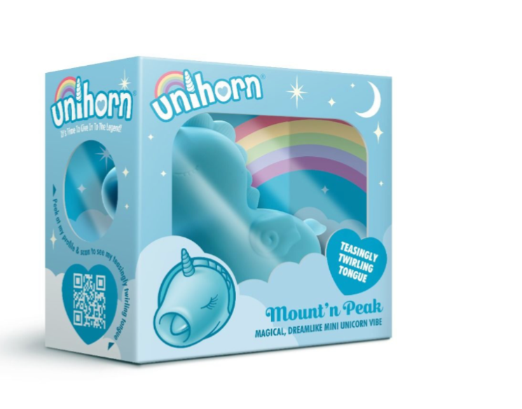 Box of 'Mount'n Peak' unicorn-shaped product with rainbow design on a white background