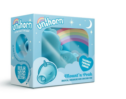 Box of 'Mount'n Peak' unicorn-shaped product with rainbow design on a white background