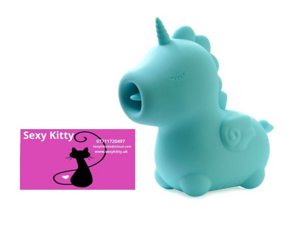 Blue unicorn-shaped product with 'Sexy Kitty' branding on a white background