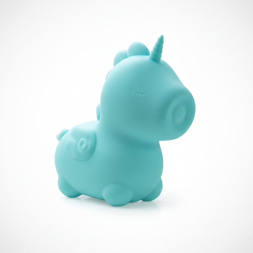 Turquoise unicorn-shaped object on a white background
