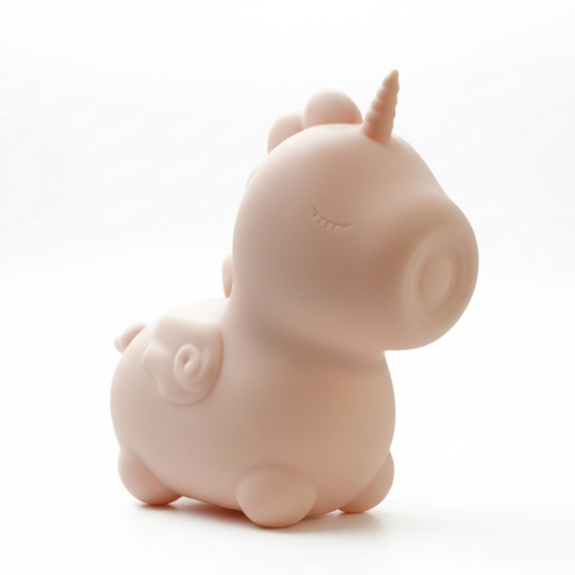 Pink unicorn-shaped object on a white background
