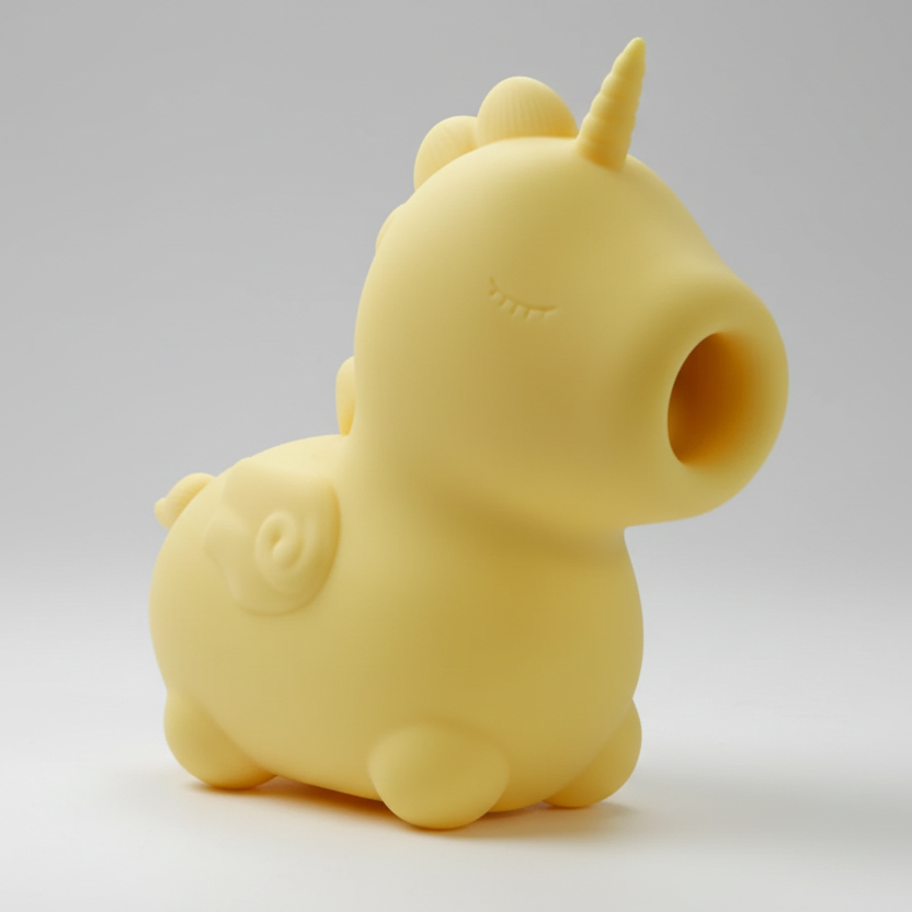 Yellow unicorn-shaped object on a gray background