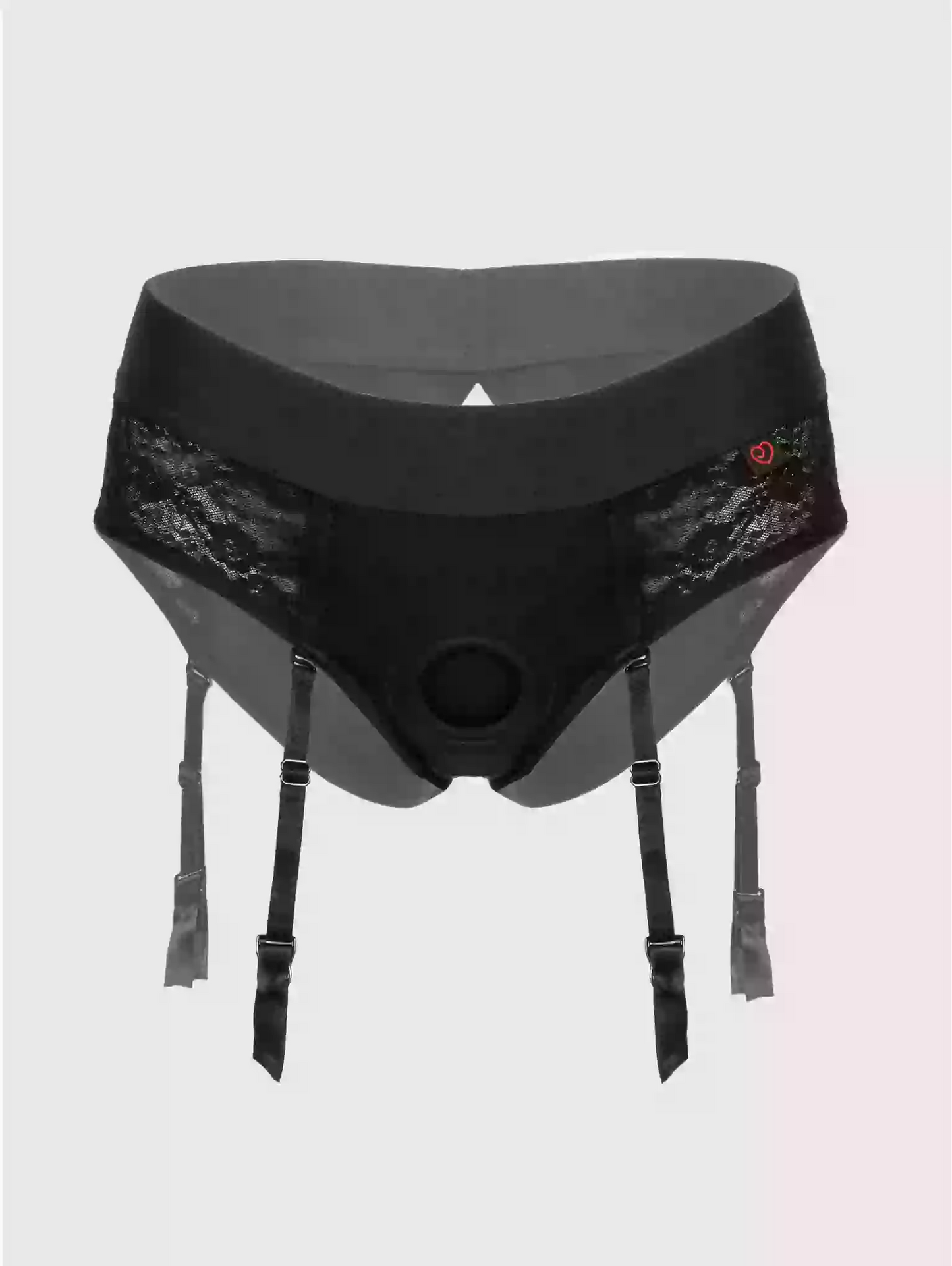 Black underwear with lace detailing and suspenders on a light gray background