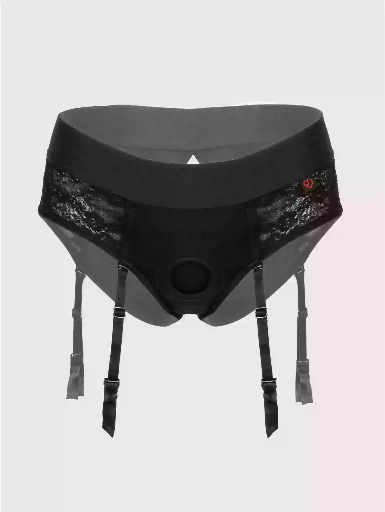 Black underwear with lace detailing and suspenders on a light gray background