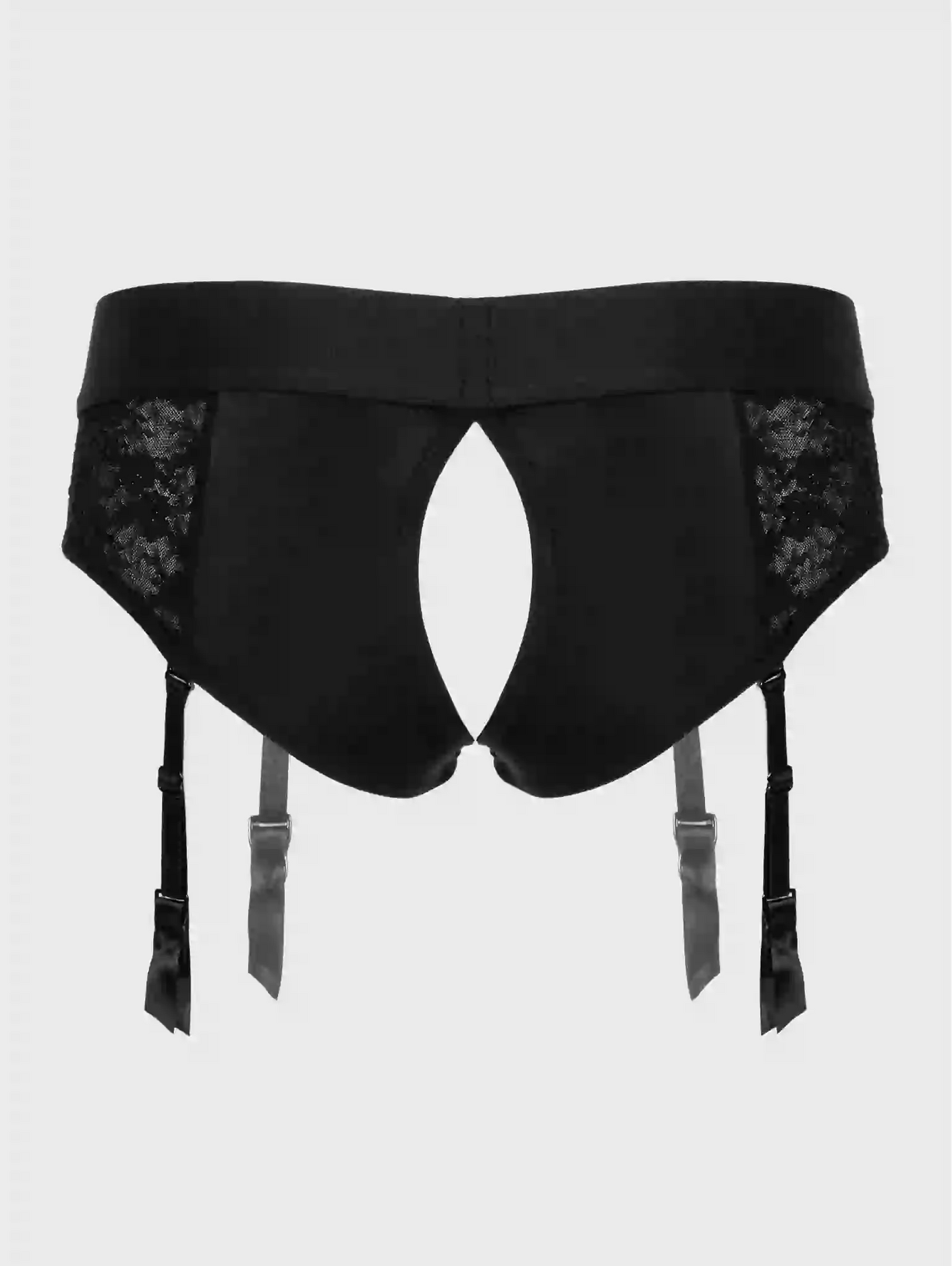 Black garter belt with lace details on a white background