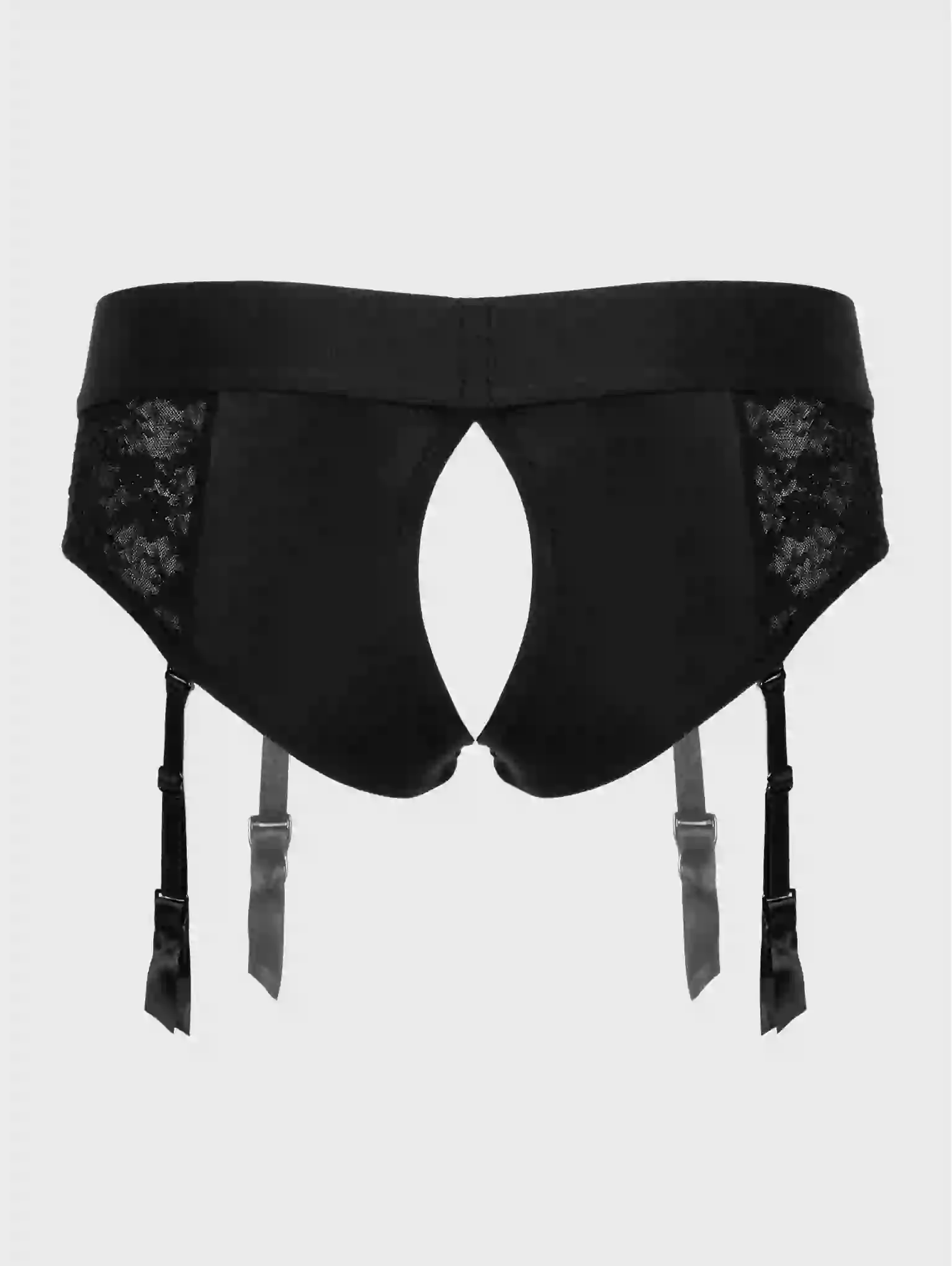 Black garter belt with lace details on a white background