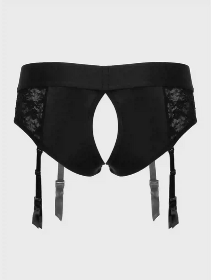 Black garter belt with lace details on a white background