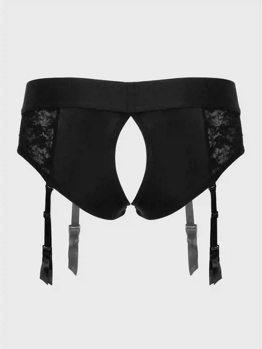 Black garter belt with lace details on a white background