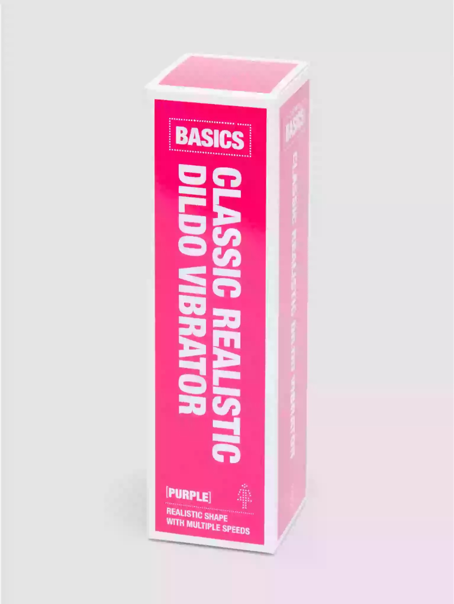 Pink box of a classic realistic dildo vibrator with 'Basics' branding on a white background