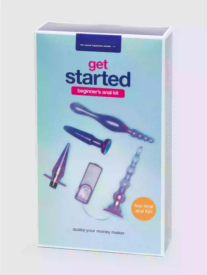 Product packaging for a beginner's anal kit with various items on a gradient background.