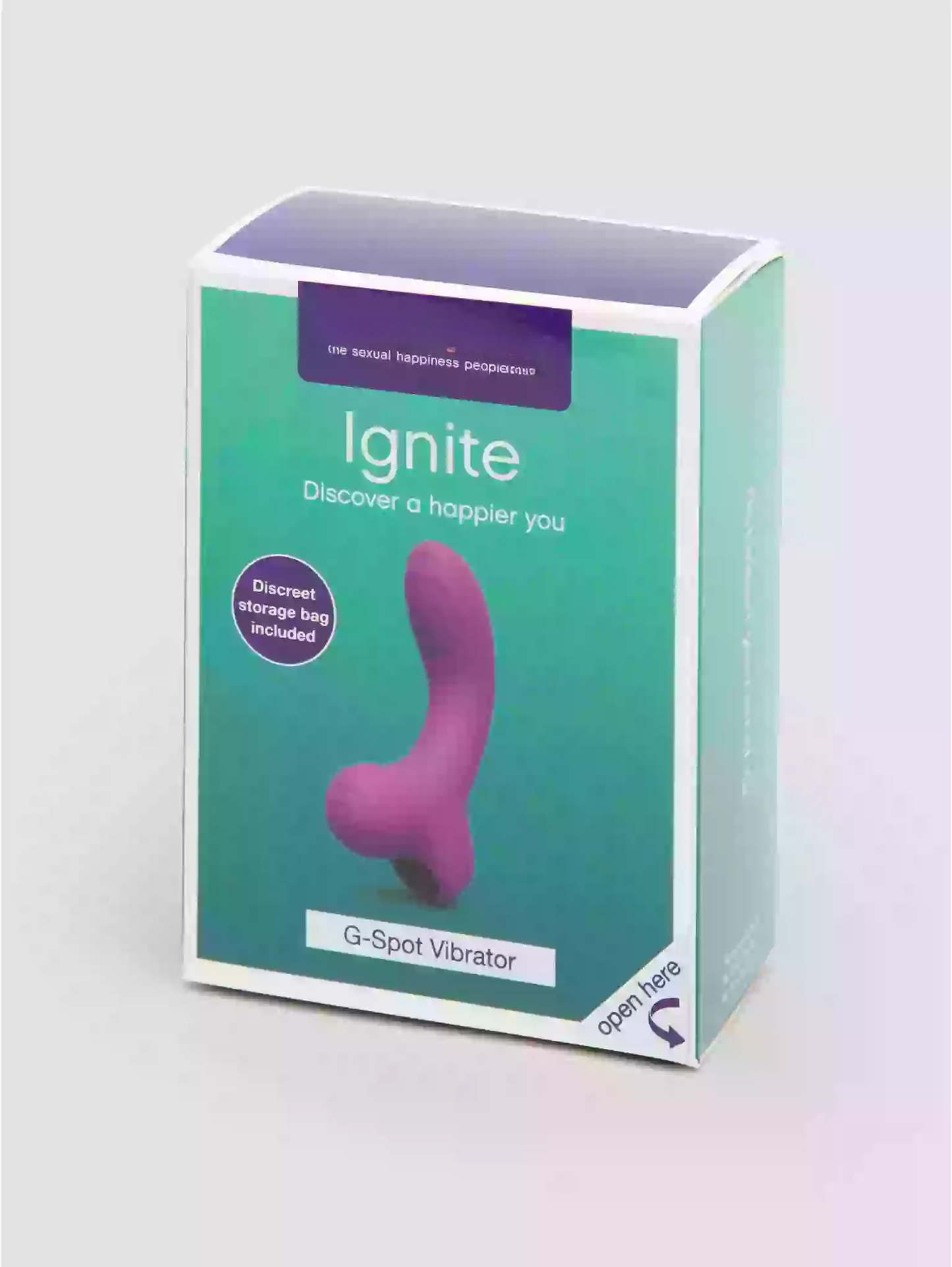 Box of a G-Spot vibrator with a purple device on a light gray background