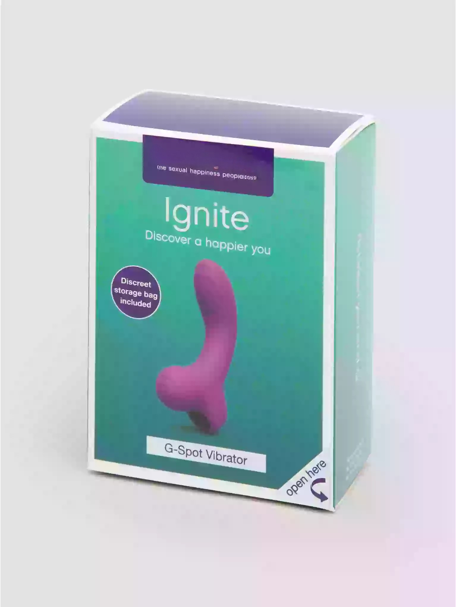 Box of a G-Spot vibrator with a purple device on a light gray background