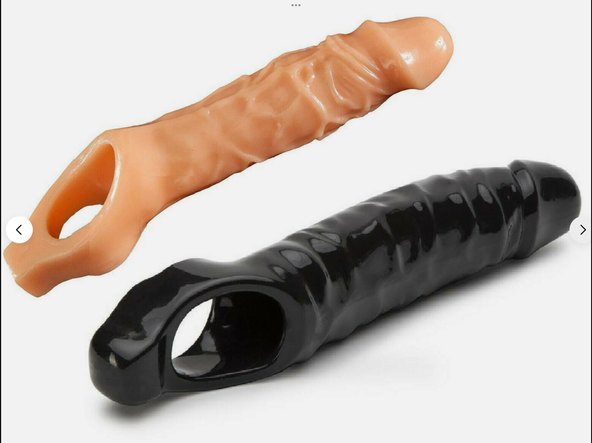 Two silicone toys, one beige and one black, on a white background.