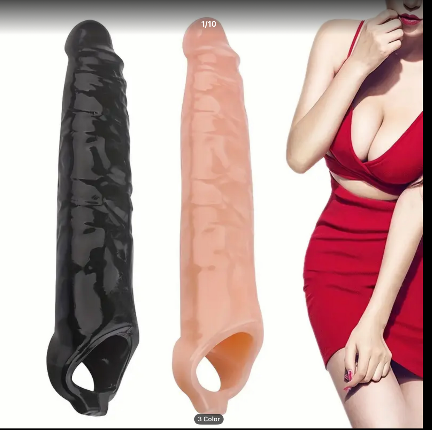 Two silicone collars, one black and one pink, with a woman in a red dress on a white background.
