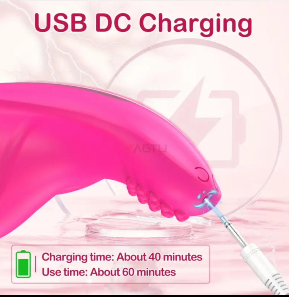 Pink dental tool with USB DC charging text and charging time information on a pink background