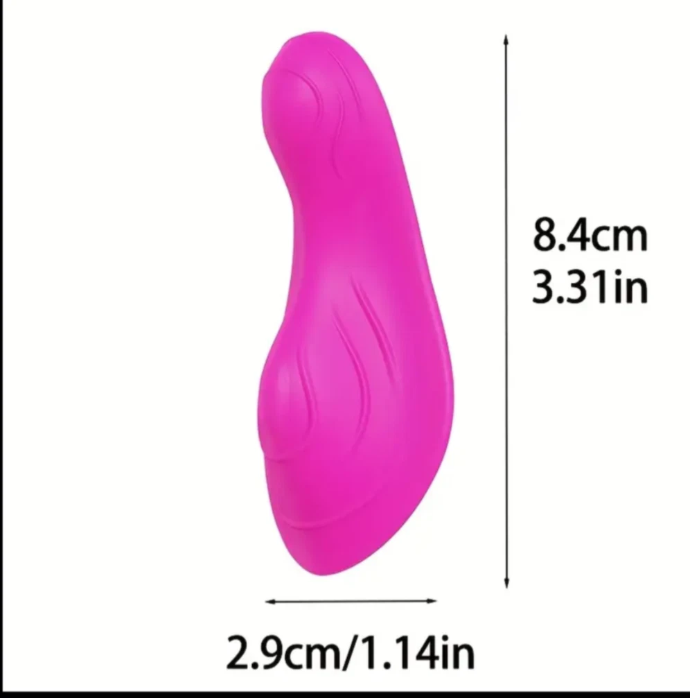 Pink curved object with measurements on a white background