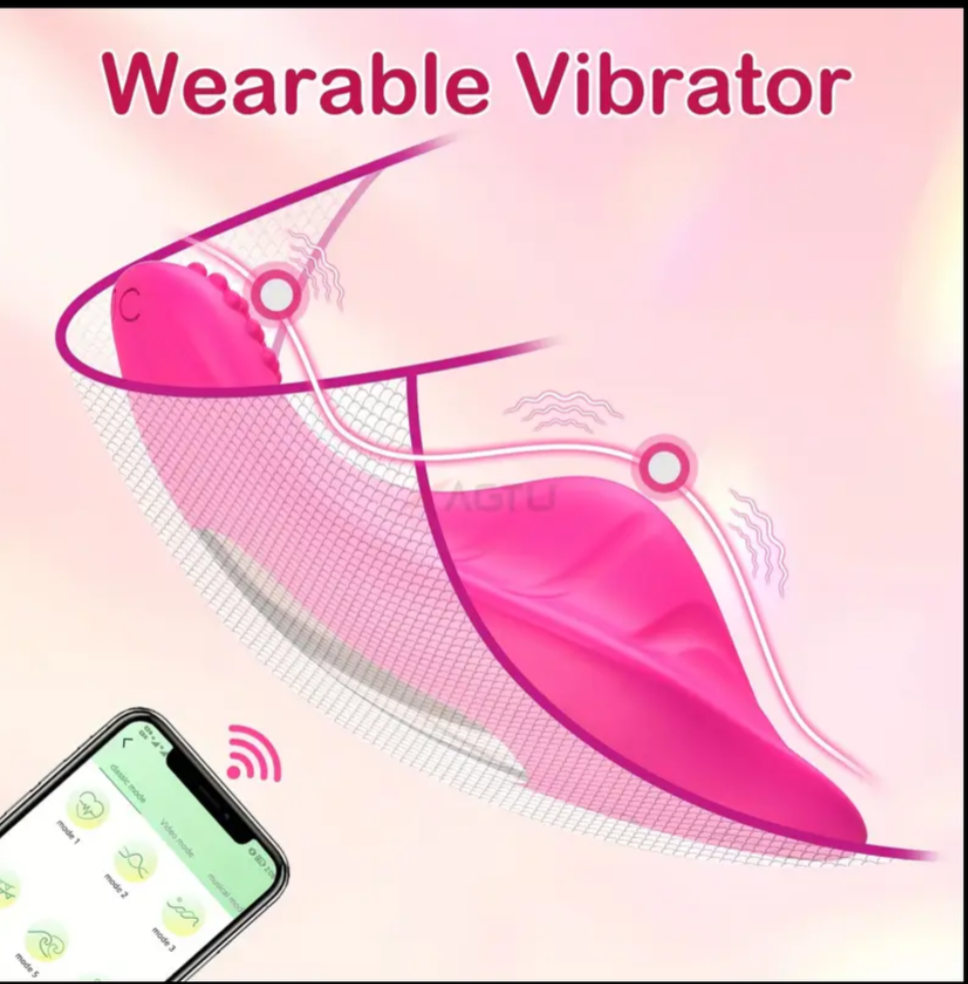 Wearable vibrator with smartphone app on a pink background