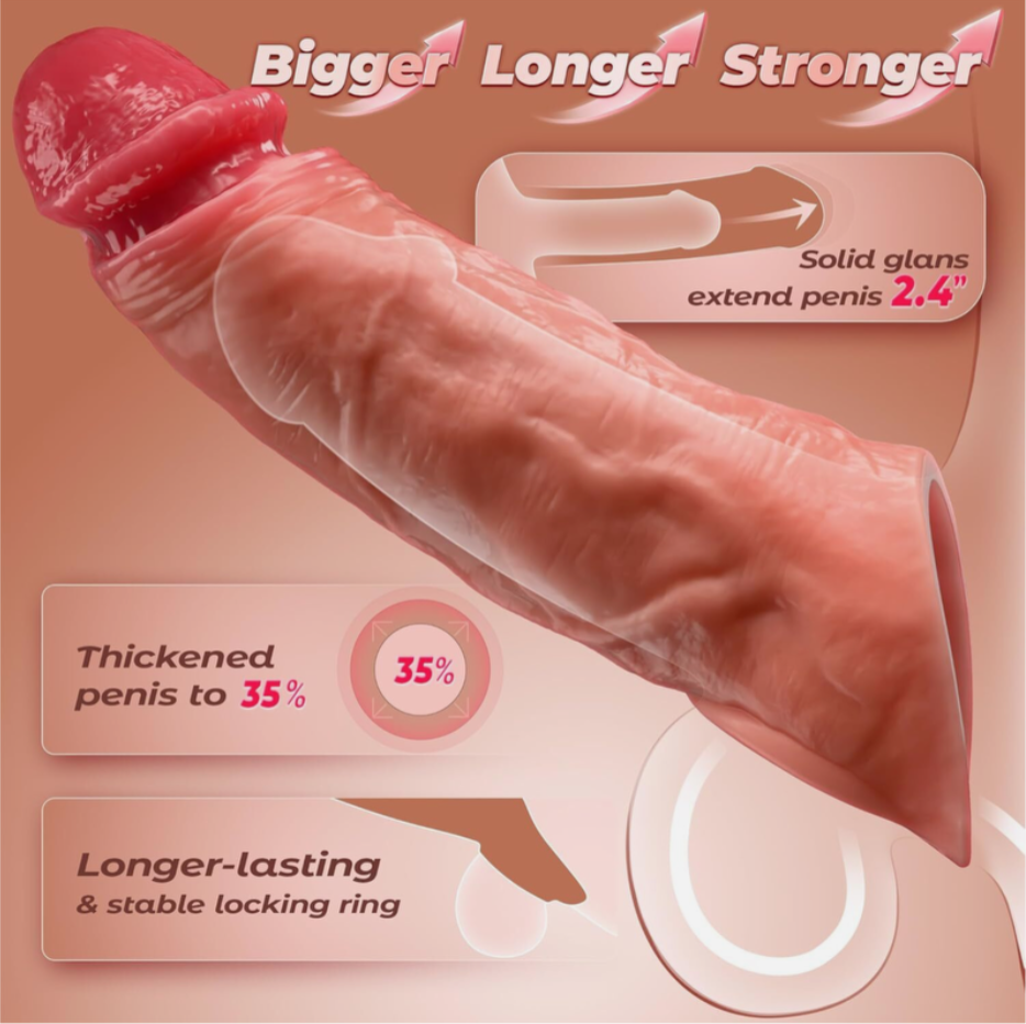 Product advertisement for a penile enlargement device with text highlighting features on a pink background.